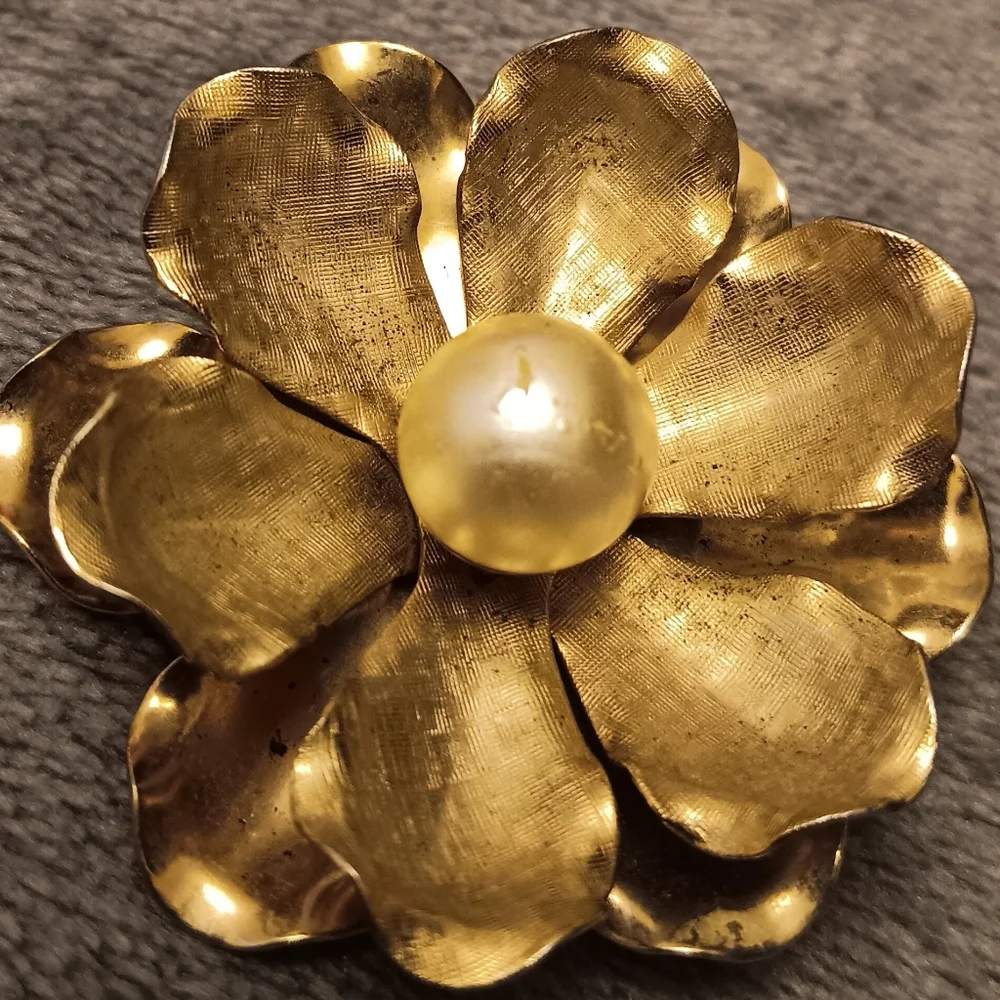 Vintage Silver Tone, Faux Pearl, Lotus Flower Brooch Pin, Whimsical Floral